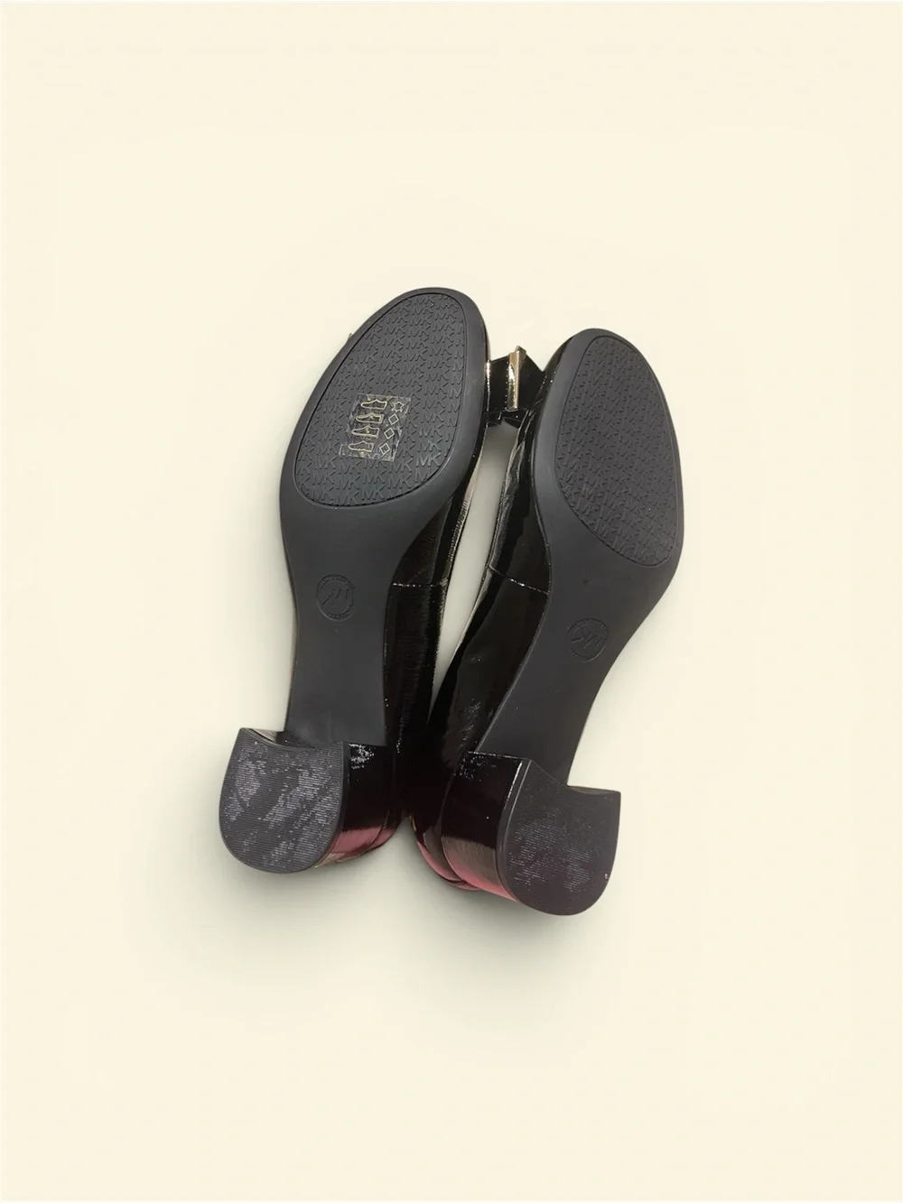 Michael Kors Black Leather Patent Low Heel Pumps with Gold Accent